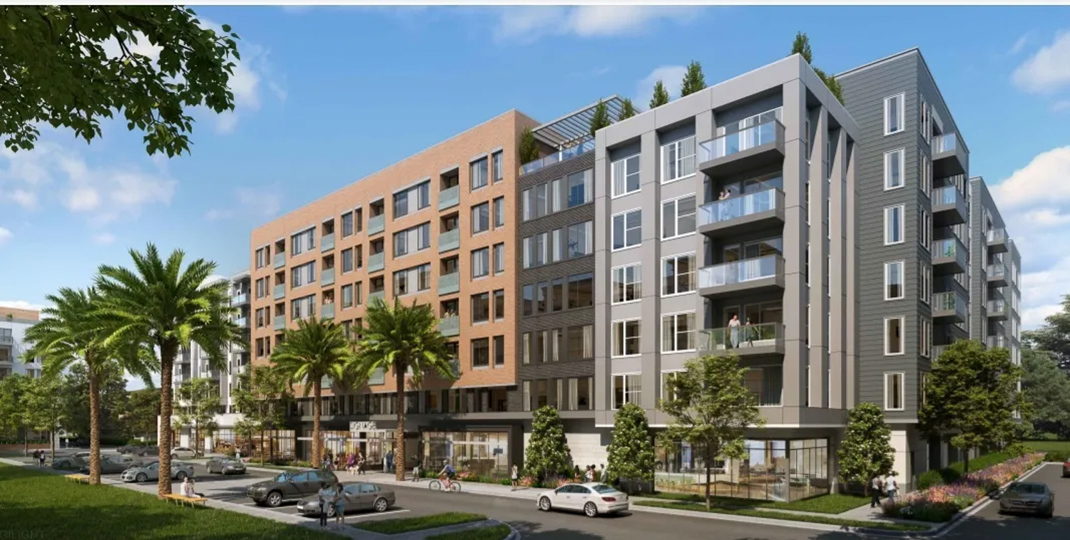 Seely Avenue apartments view from the park, rendering by KTGY Architecture + Planning