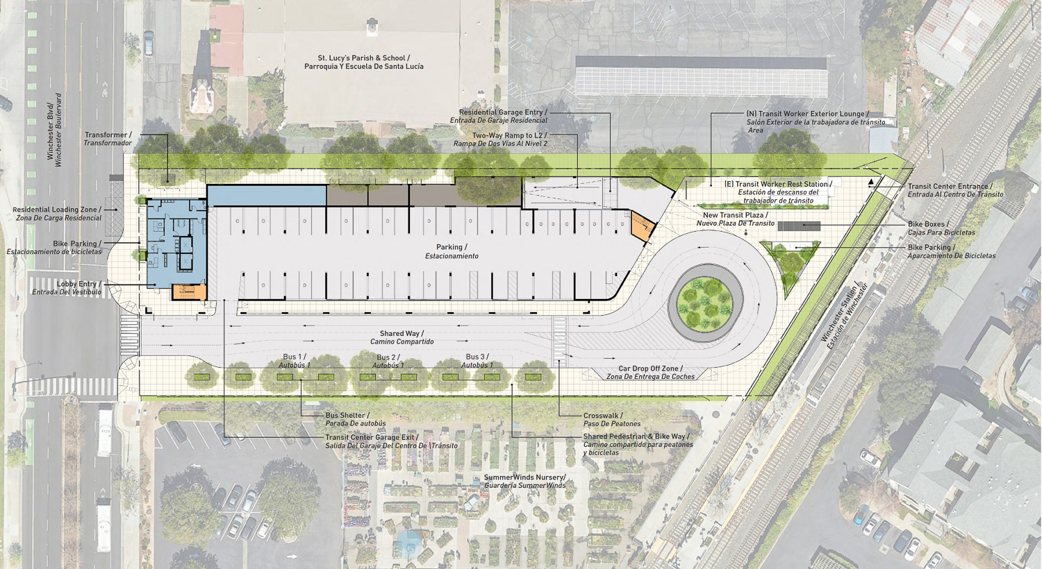2400 Winchester Boulevard ground-level floor plan, illustration by PYATOK