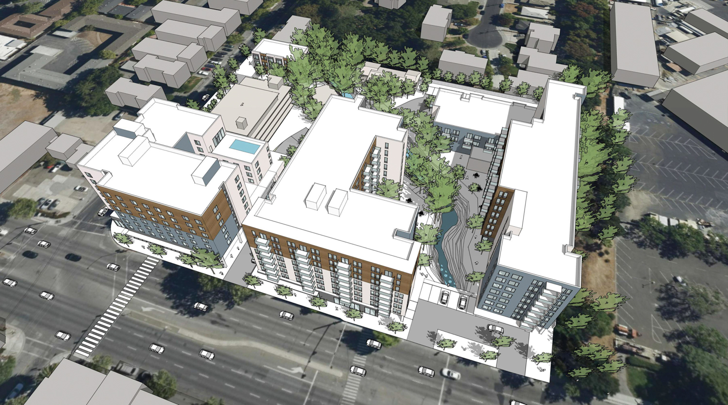 3400 El Camino Real aerial view, rendering by Lowney Architecture