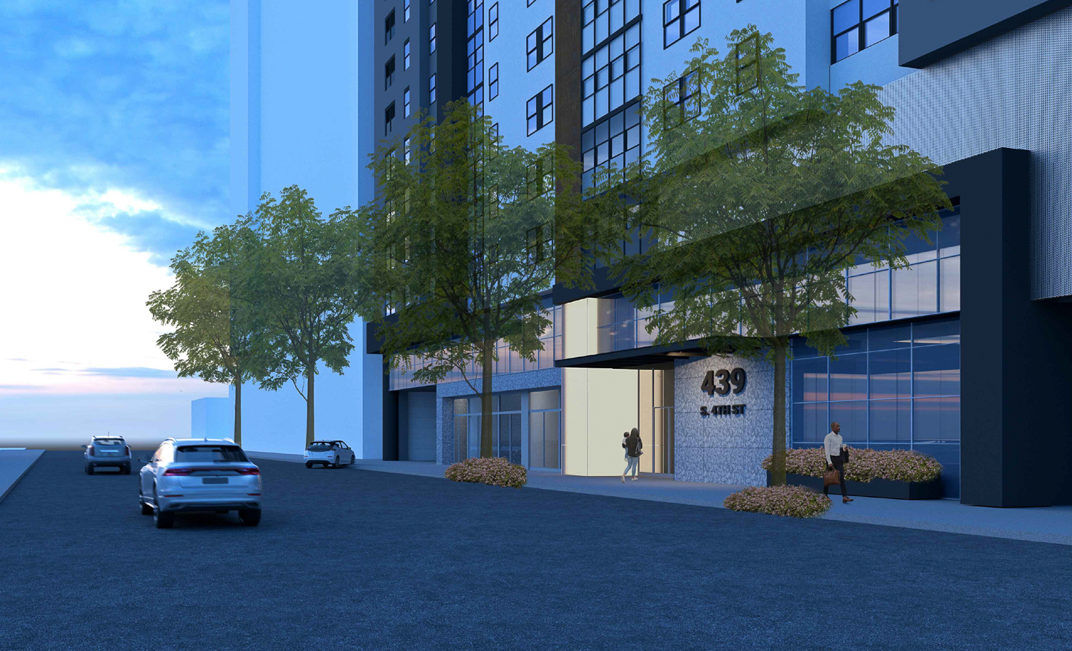 439 South 4th Street residential entrance view at night, rendering by SCDC