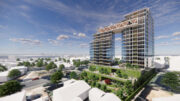 826 North Winchester Boulevard aerial view highlighting the potential skybridge connecting the two residential towers, rendering via VCI Companies