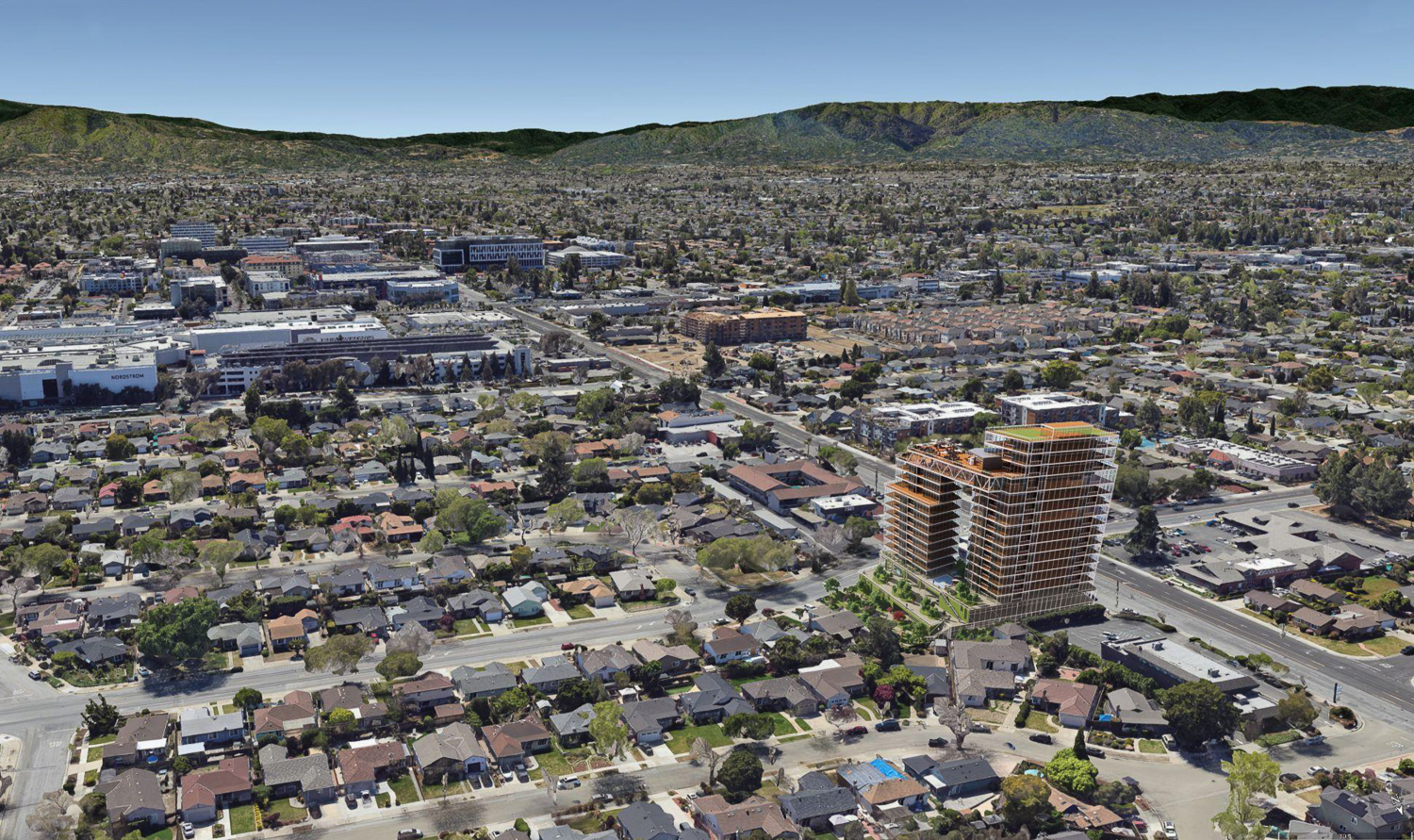826 North Winchester Boulevard, aerial view with Westfield Valley Fair and Santana Row visible to the left, rendering by VCI Companies