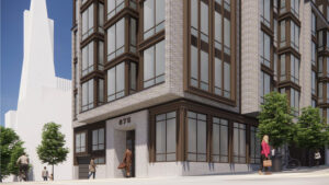 875 Sansome Street 8-story proposal lobby entrance, rendering by BDE Architecture