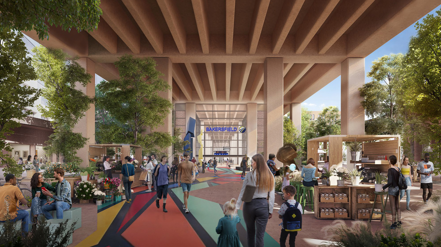 Bakersfield Station of the public open space under the overpass, rendering by Foster + Partners