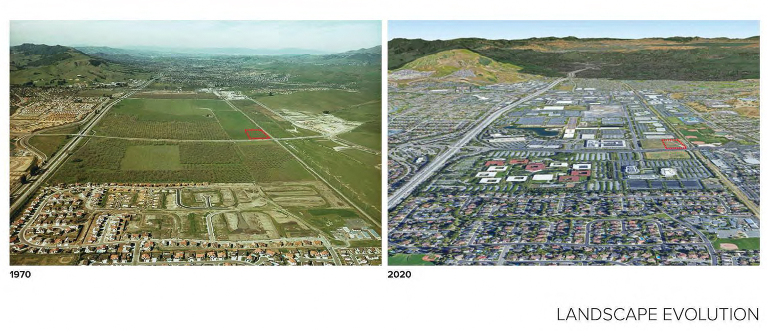 Bishop Ranch 3A site outlined in red in 1970 (left) and 2020 (right), image via project plans