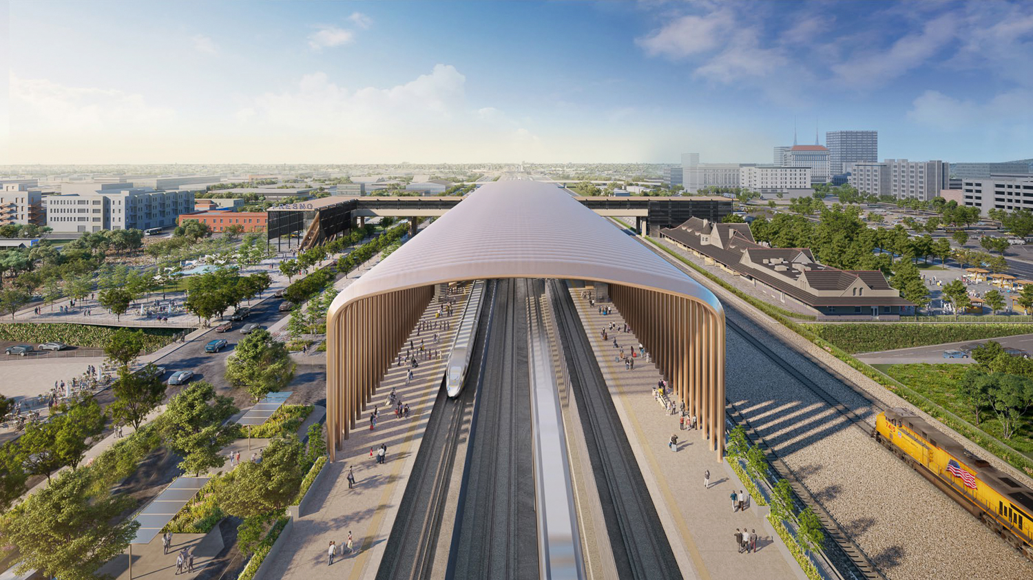 Fresno Station aerial view, rendering by Foster + Partners