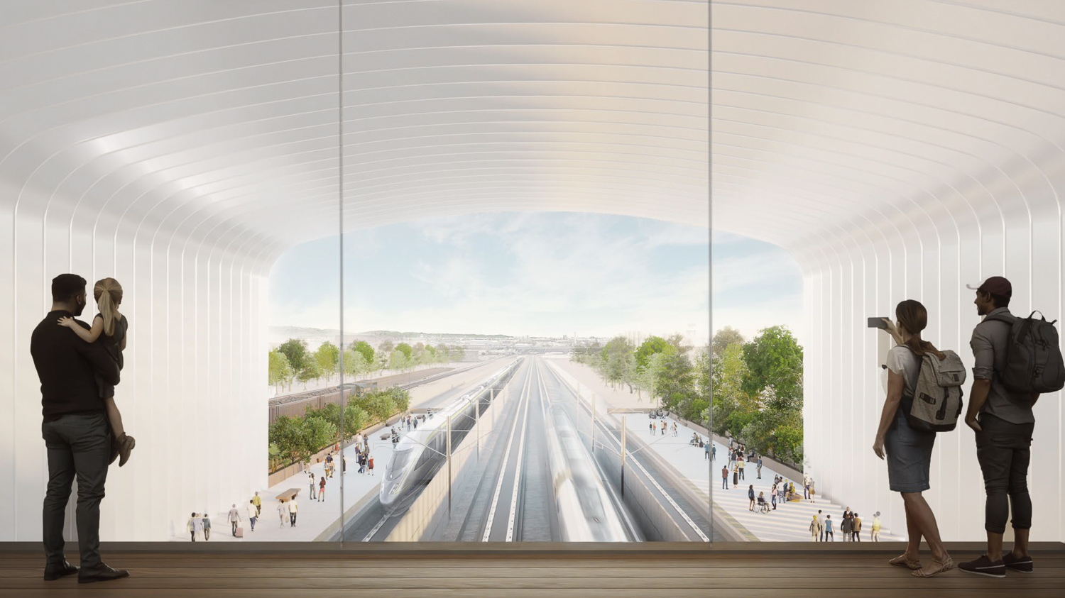 Fresno Station view from by the fare gates, rendering by Foster + Partners