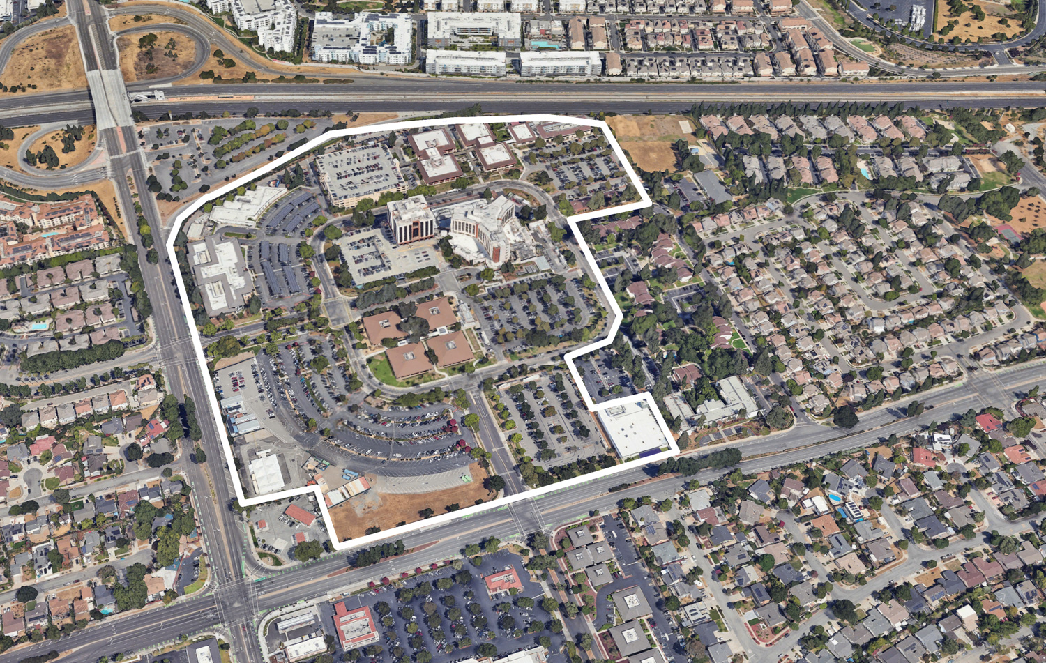 Kaiser San Jose Medical Center, image by Google Satellite outlined approximately by YIMBY