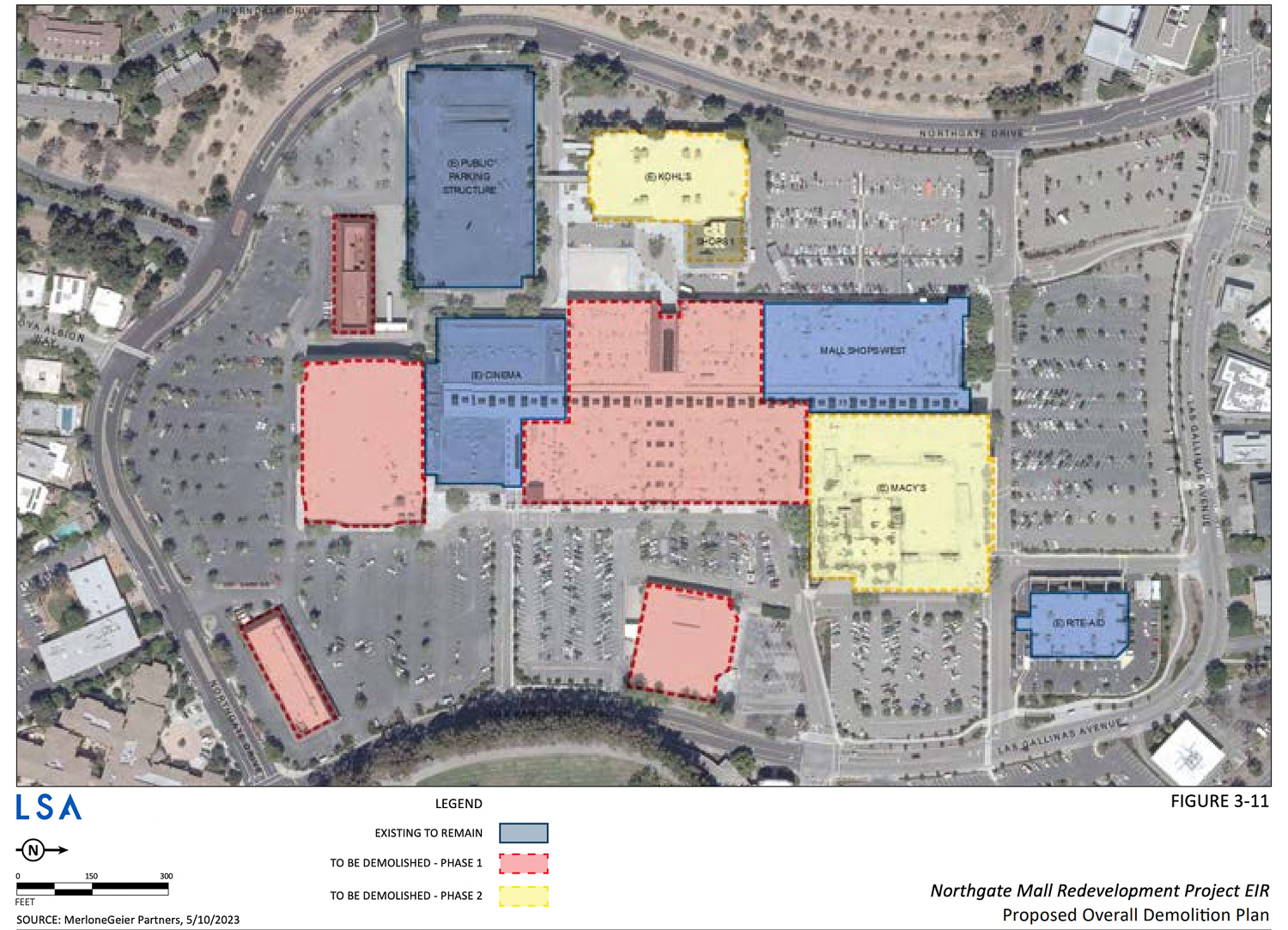 Northgate Mall Redevelopment site map showing which buildings will be demolished (red and yellow) and which buildings will remain (blue), illustration by Merlone Geier Partners