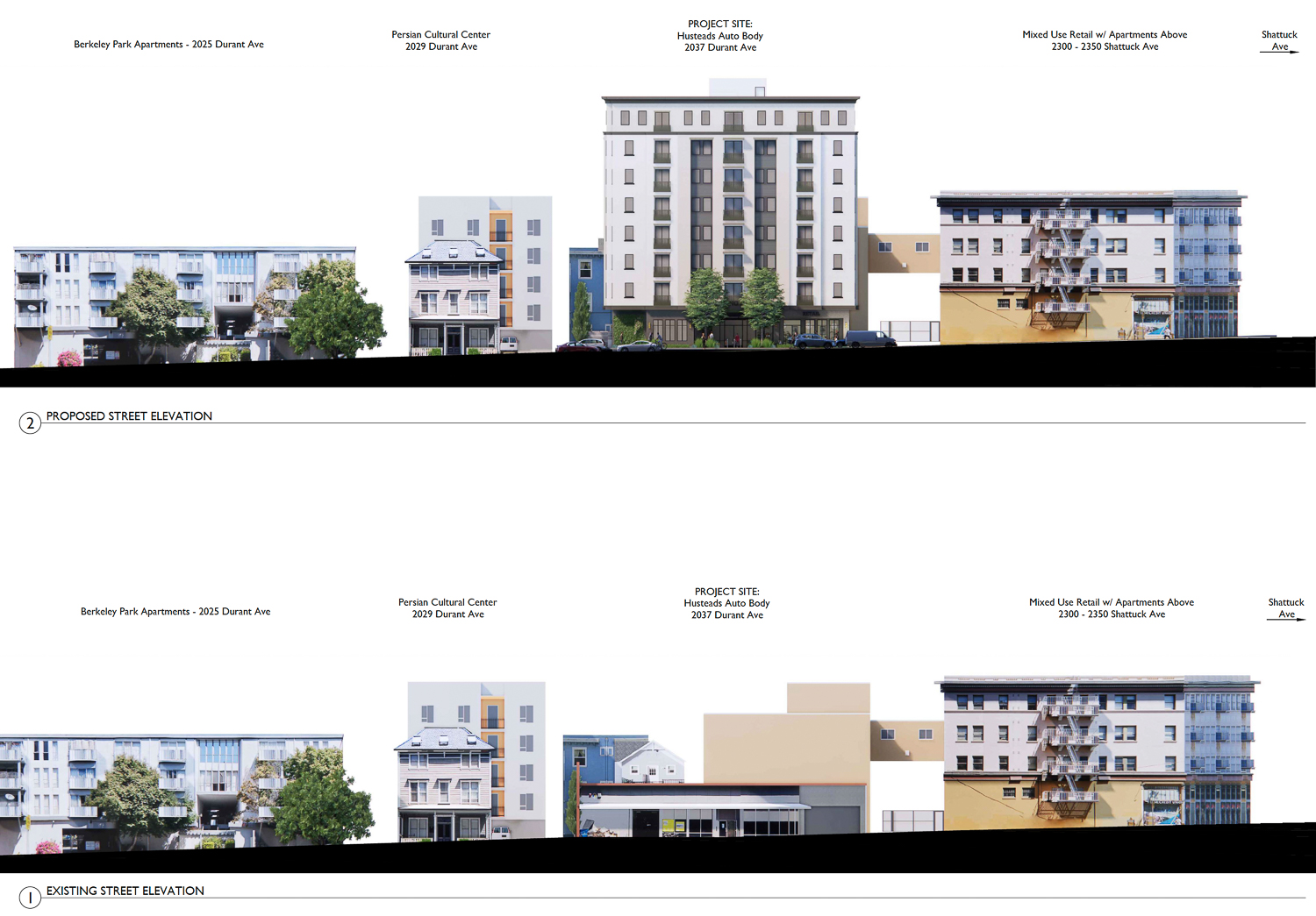 2037 Durant Avenue elevations existing condition (below) and proposed condition (above), illustration by Studio KDA