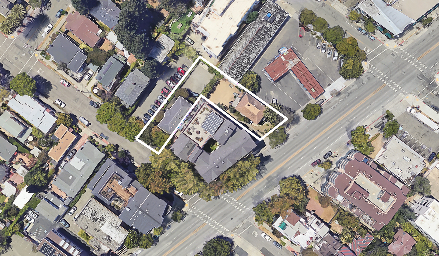 2614 Telegraph Avenue outlined roughly by YIMBY, image by Google Satellite
