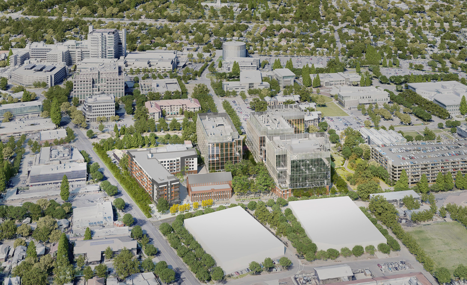 Aggie Square aerial view, rendering by ZGF Architects