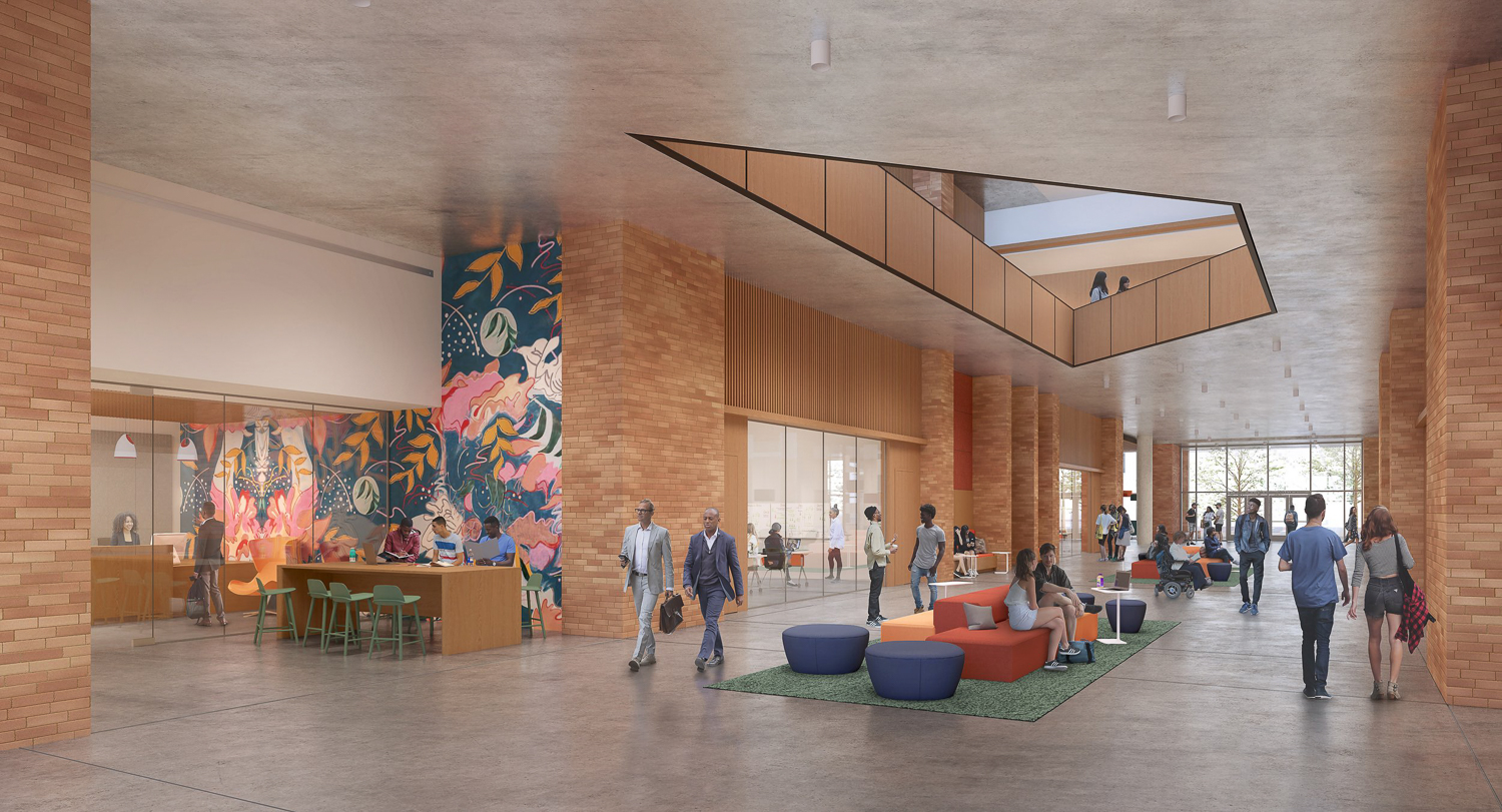 Aggie Square office lobby, rendering by ZGF Architects
