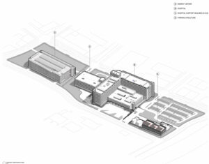 Kaiser Sacramento Railyards Medical Center aerial view, axonometric view by SmithGroup