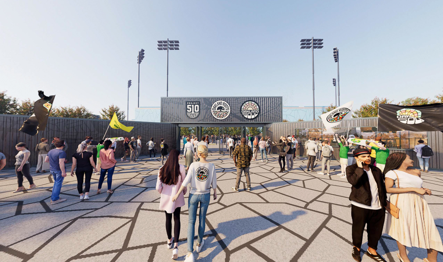 Oakland Interim Soccer Stadium West Entry plaza, rendering by HOK