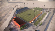 Oakland Interim Soccer Stadium aerial view, rendering by HOK