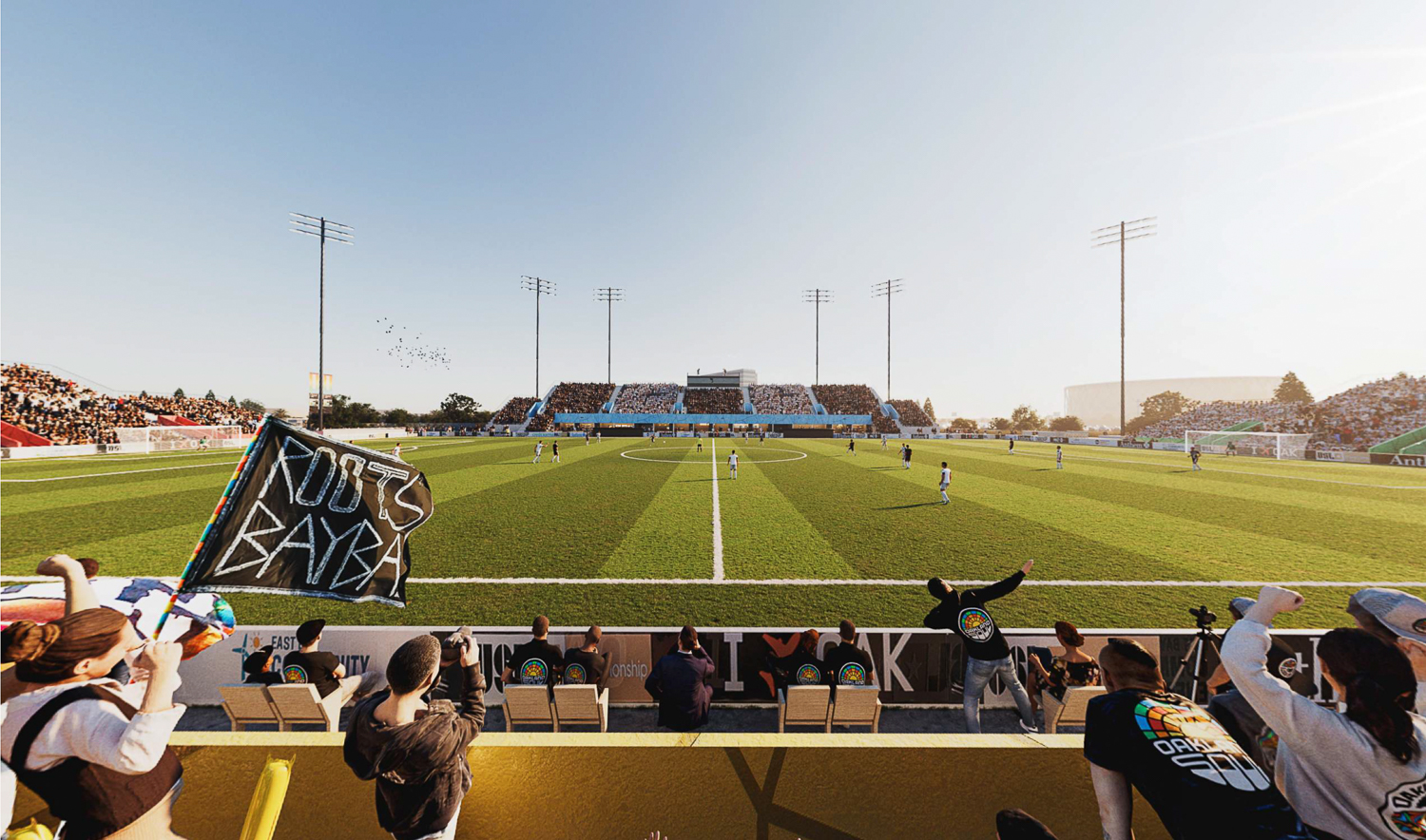Oakland Interim Soccer Stadium mid-field view, rendering by HOK