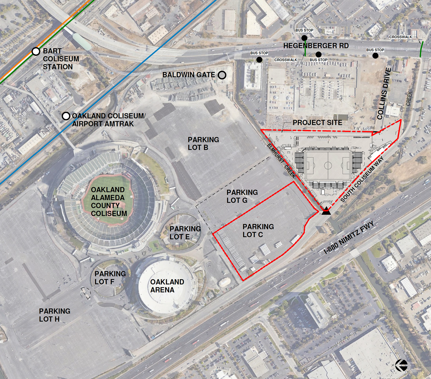 Oakland Interim Soccer Stadium site highlighted in red, illustration by HOK