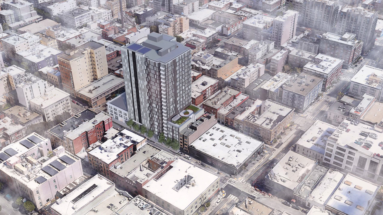 1101-1123 Sutter Street north west aerial view, rendering by David Baker Architects