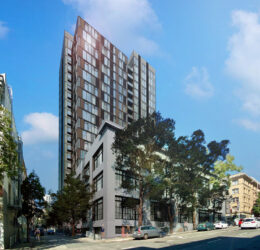 1101-1123 Sutter Street seen from the corner of Larkin and Hemlock, rendering by David Baker Architects