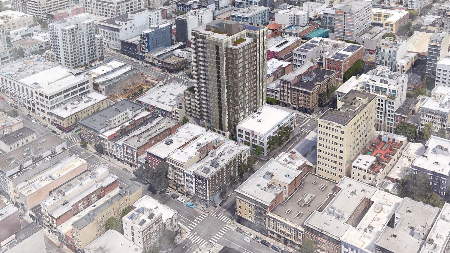 1101-1123 Sutter Street south east aerial view, rendering by David Baker Architects