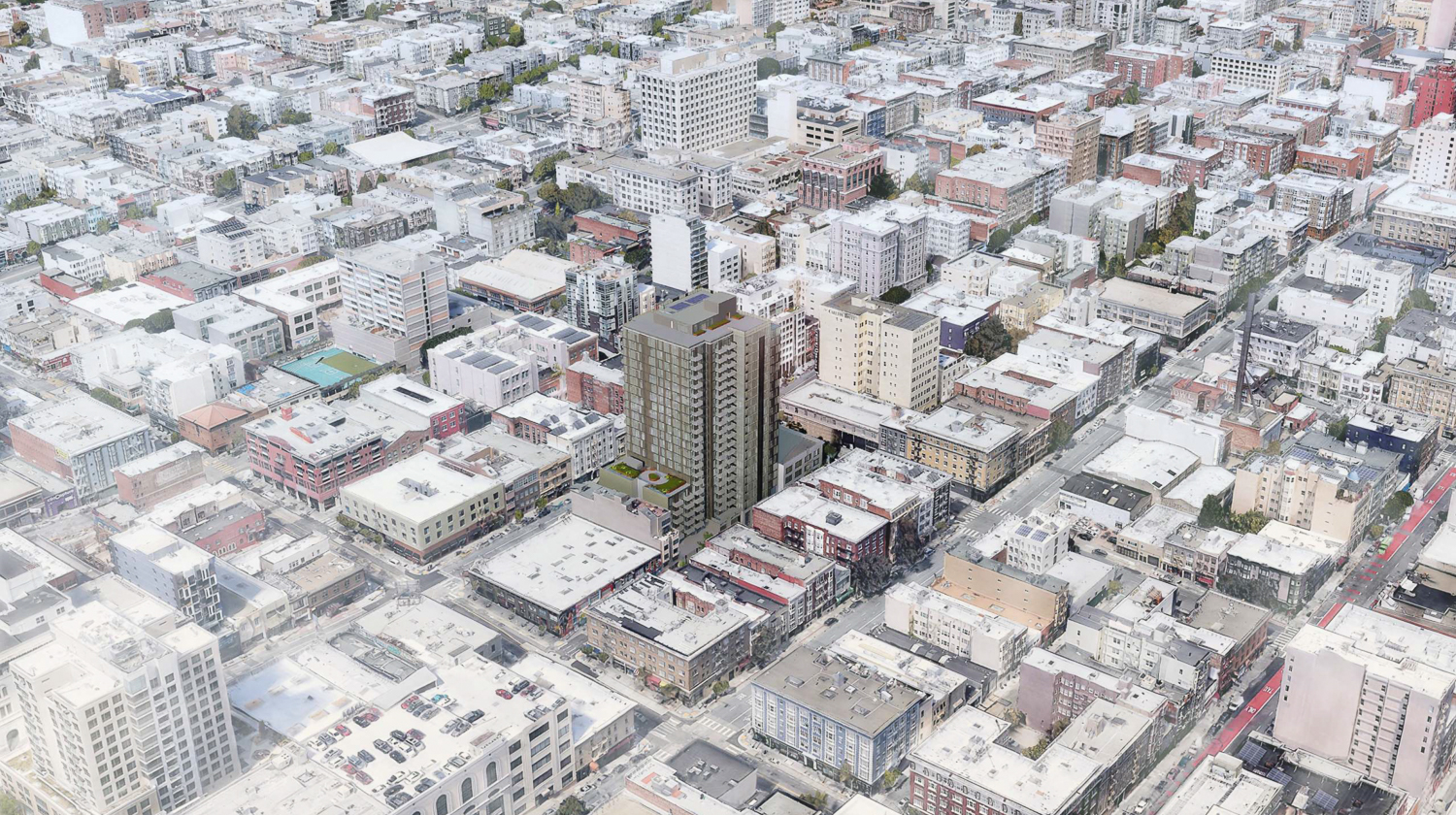 1101-1123 Sutter Street southwest aerial view, rendering by David Baker Architects