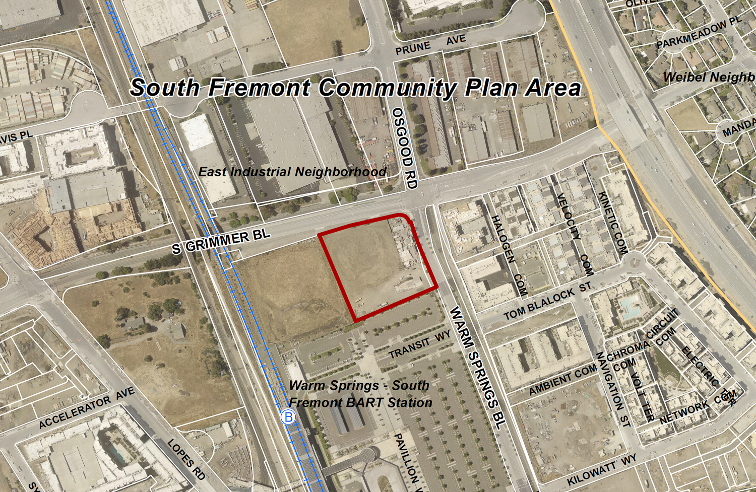 45021 Warm Springs Boulevard outlined in red, image via the City of Fremont