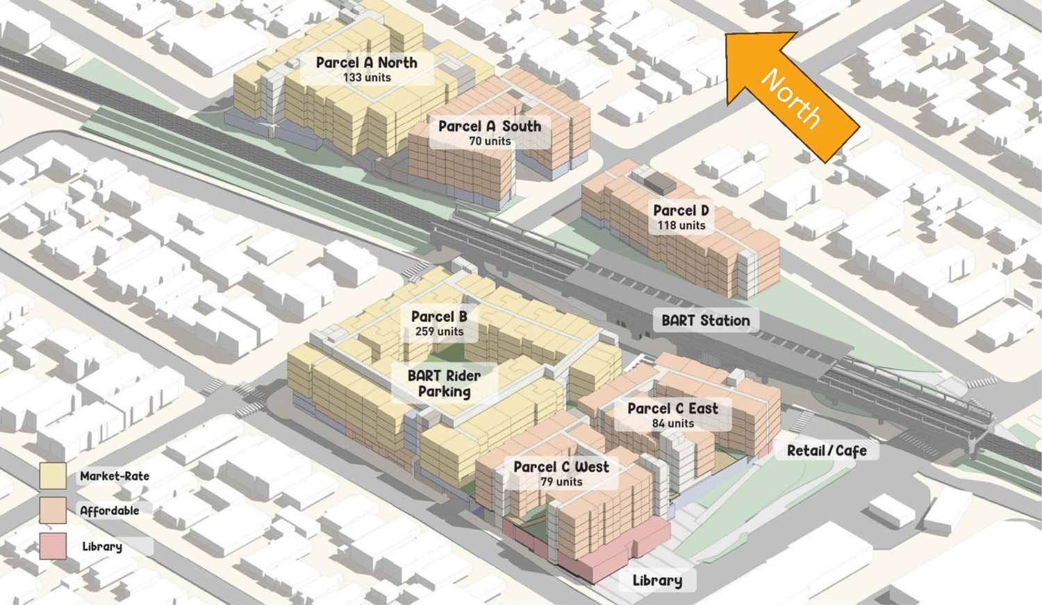 El Cerrito Plaza site map labeled, rendering via BART Board of Directors project presentation