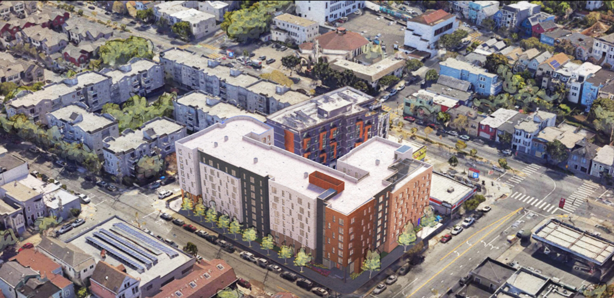 1515 South Van Ness Avenue aerial view, rendering by David Baker Architects