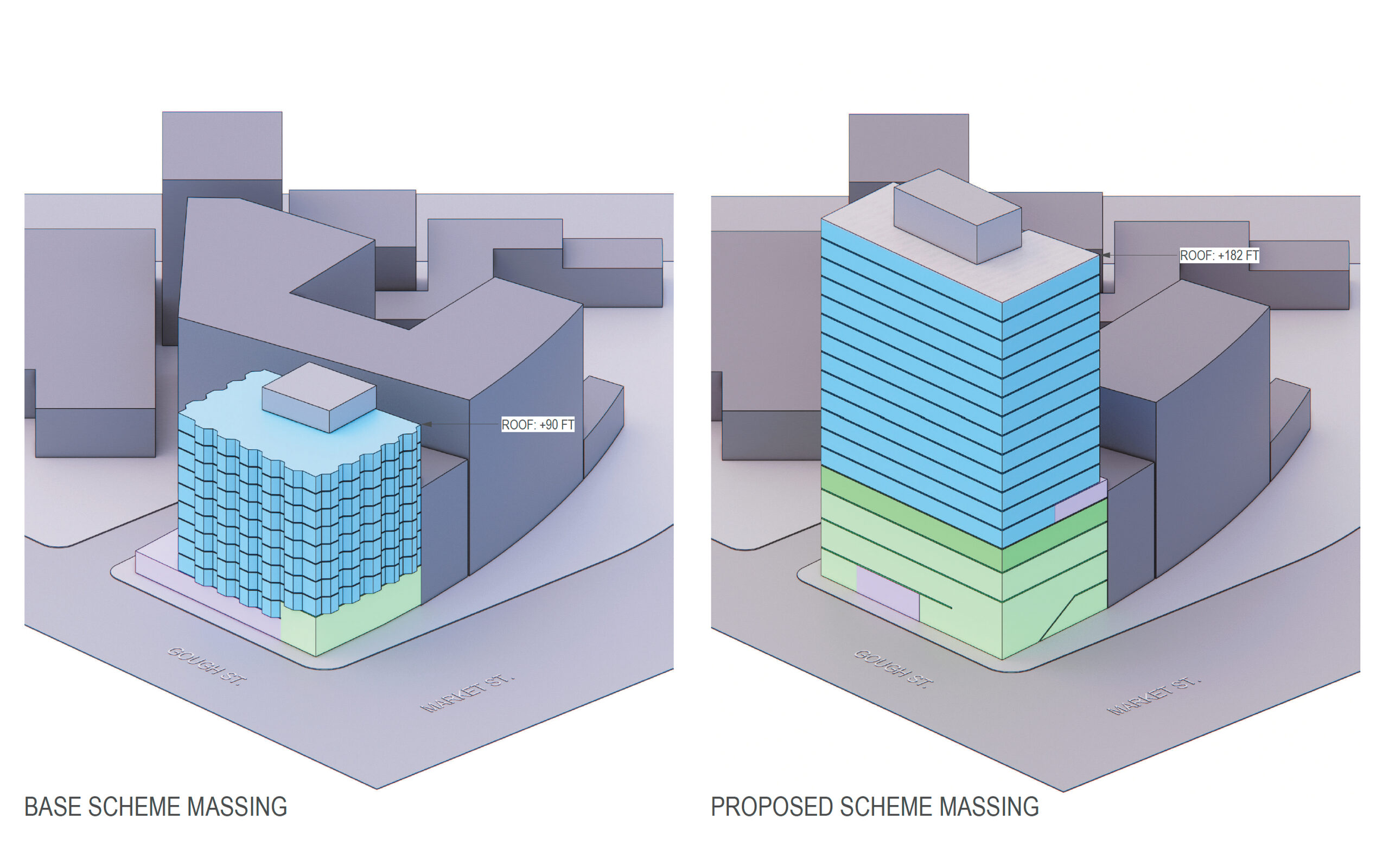 1687 Market Street base zoning scheme (left) and proposed massing (right), illustration by Mark Cavagnero Associates