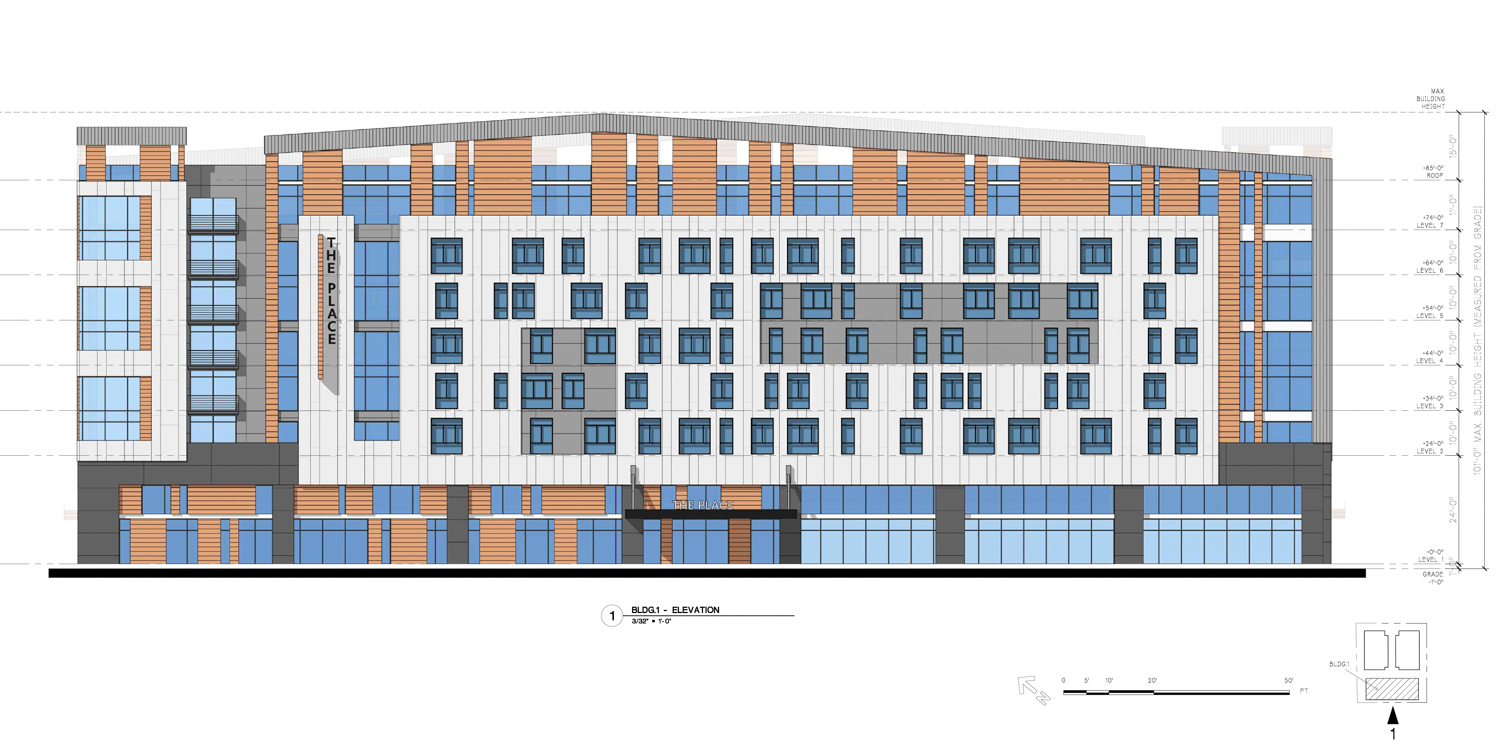 2222 Senter Road Building 1 facade elevation, illustration by LPMD Architects