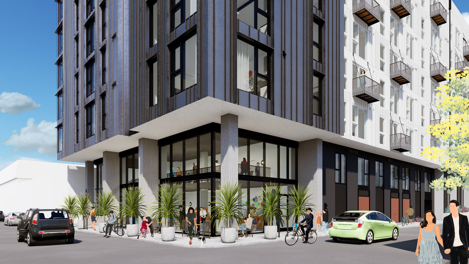 420 Mendocino Avenue seen from 5th and Riley Street, rendering by David Baker Architects