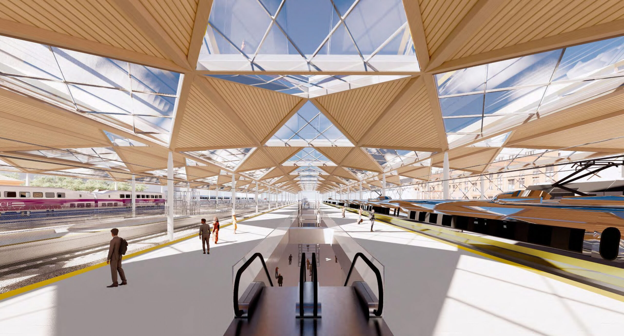 Diridon Station elevated and at-grade alternative looking south from Caltrain and High-Speed Rail platform, illustration by Mott MacDonald