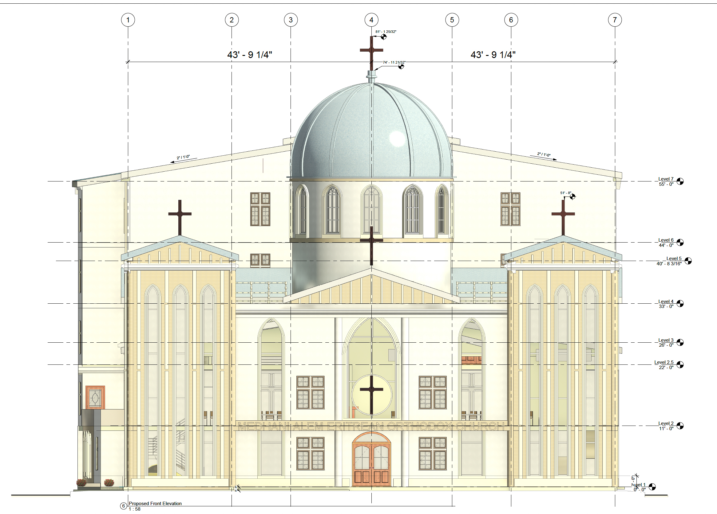 Eritrean Community Church front view along 54th Street, elevation illustration by Kesete Kifle