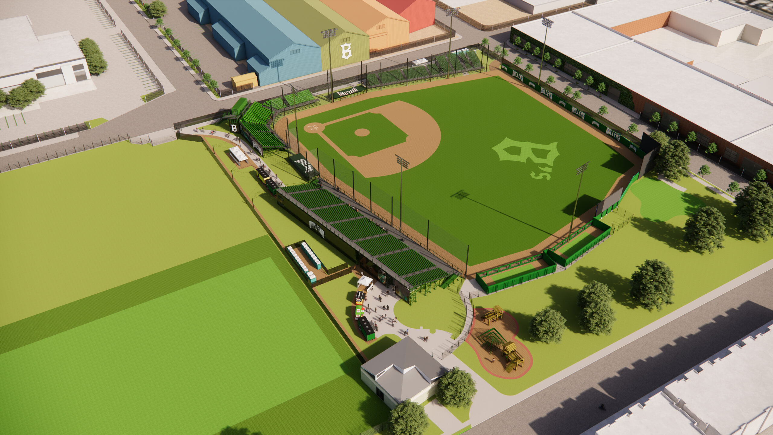 Oakland Ballers Baseball Field aerial view, rendering by Enscape for Canopy Team