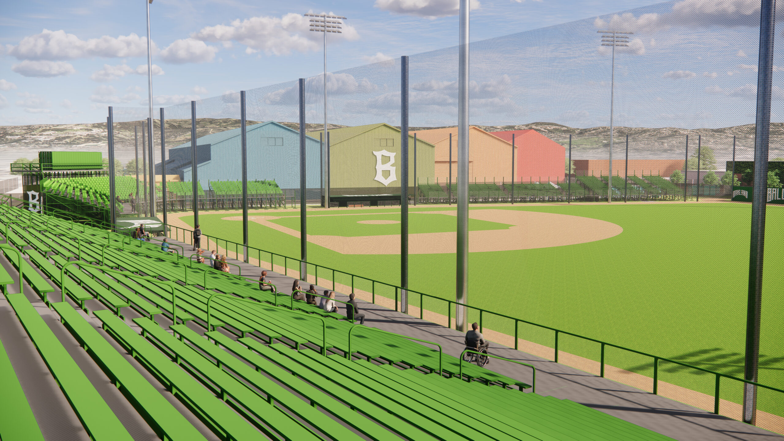 Oakland Ballers Baseball Field bleacher view showing the painted next door warehouses, rendering by Enscape for Canopy Team