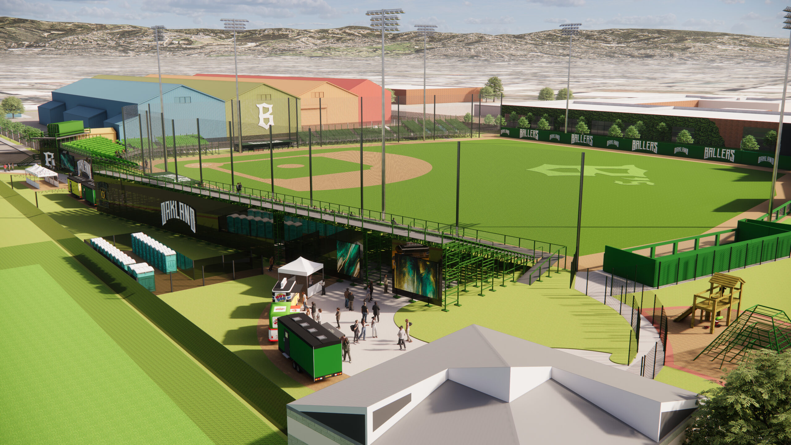 Oakland Ballers Baseball Field overview of the food truck plaza, rendering by Enscape for Canopy Team