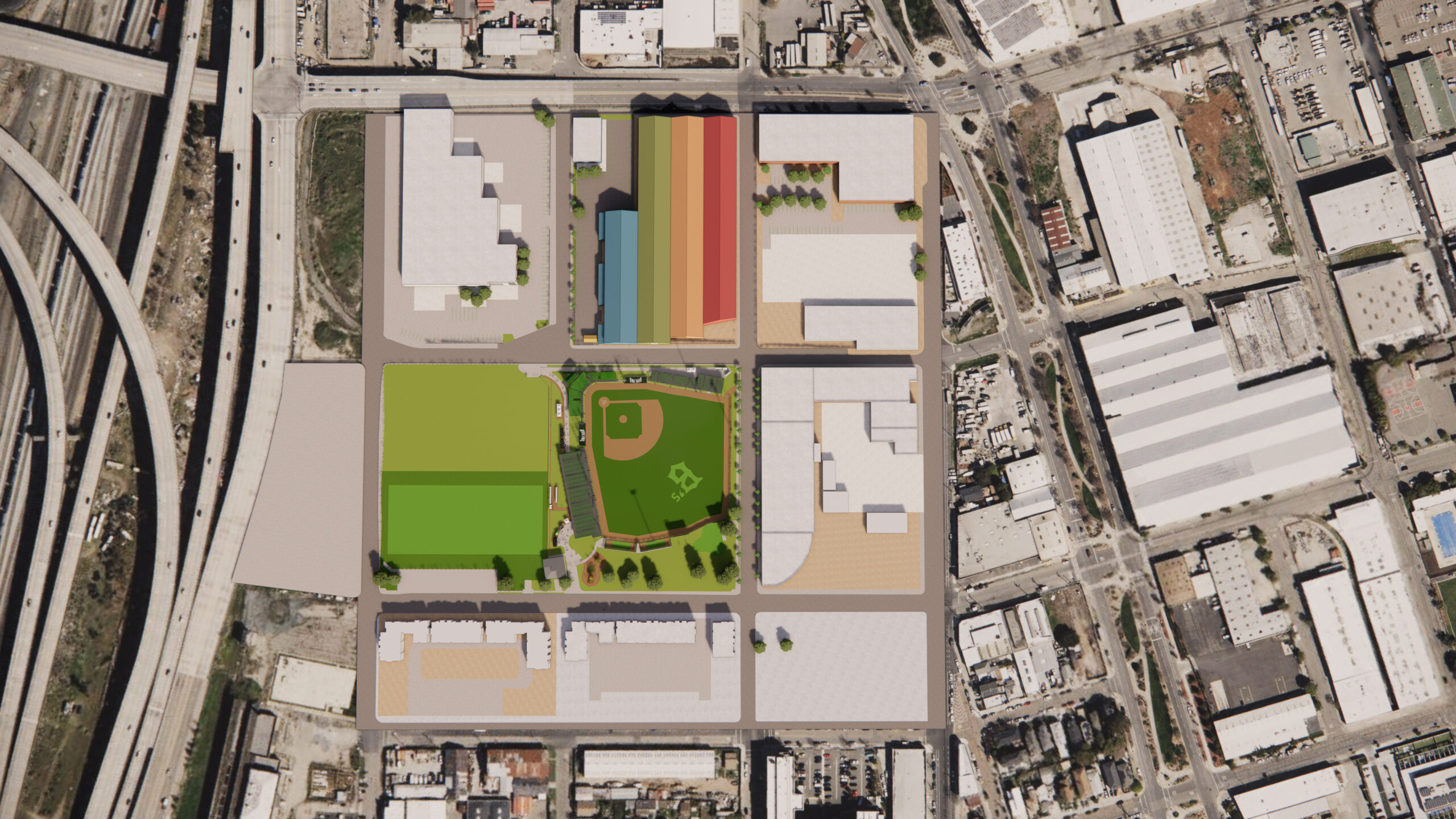 Oakland Ballers Baseball Field site context, rendering by Enscape for Canopy Team