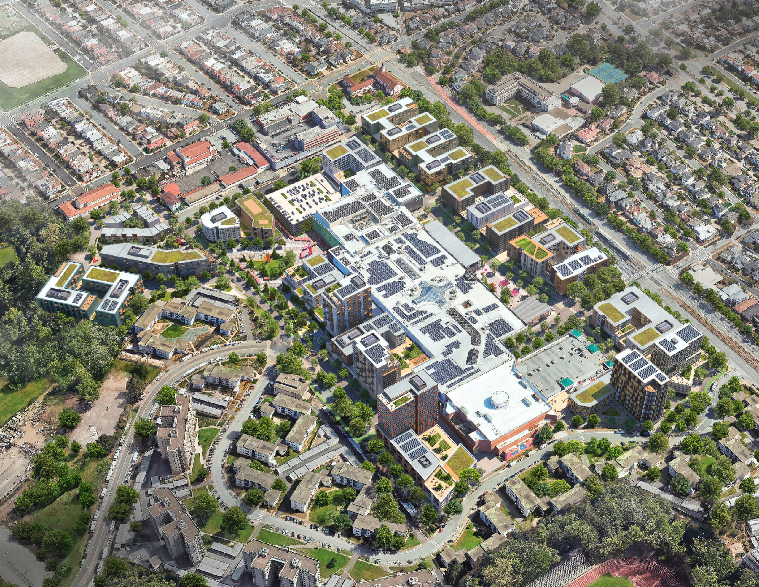 Stonestown Mall redevelopment aerial view, rendering by Design Distill
