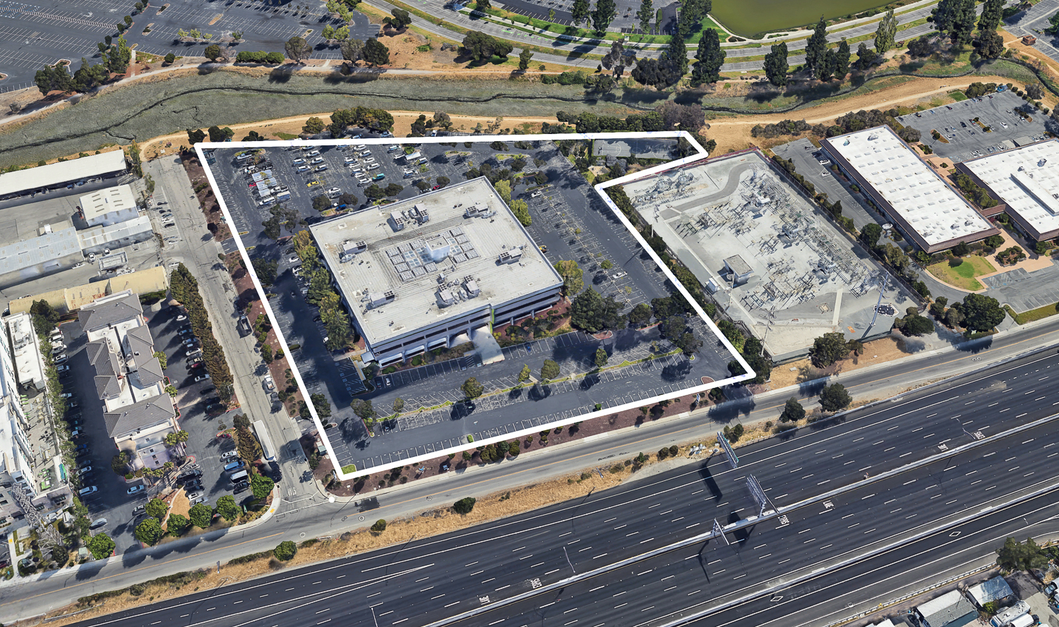 1301 Shoreway Road outlined approximately by YIMBY, image via Google Satellite