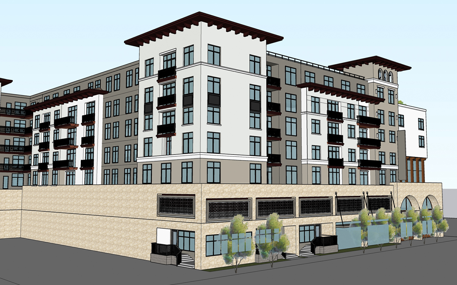 3781 El Camino Real showcasing the ground-level apartments facing the sidewalk, rendering by BDE Architecture