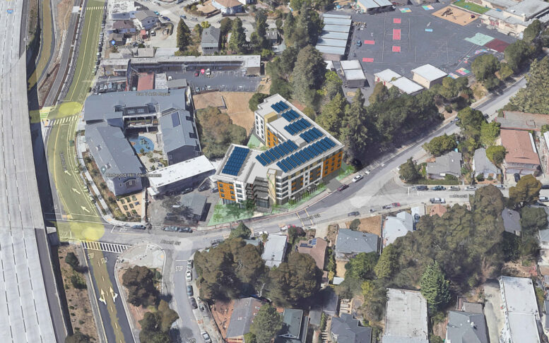 4655 Steele Street aerial view, rendering by Kodama Diseno Architects