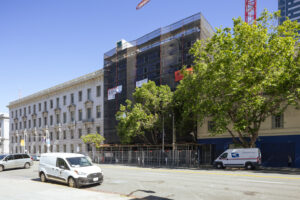 Kelsey Civic Center facade rising across from City Hall over Grove Street, image by Andrew Campbell Nelson