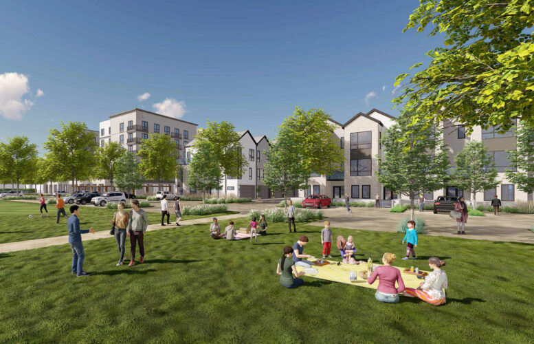 Parkline Commons facing towards the affordable housing and townhomes, rendering via Lane Partners