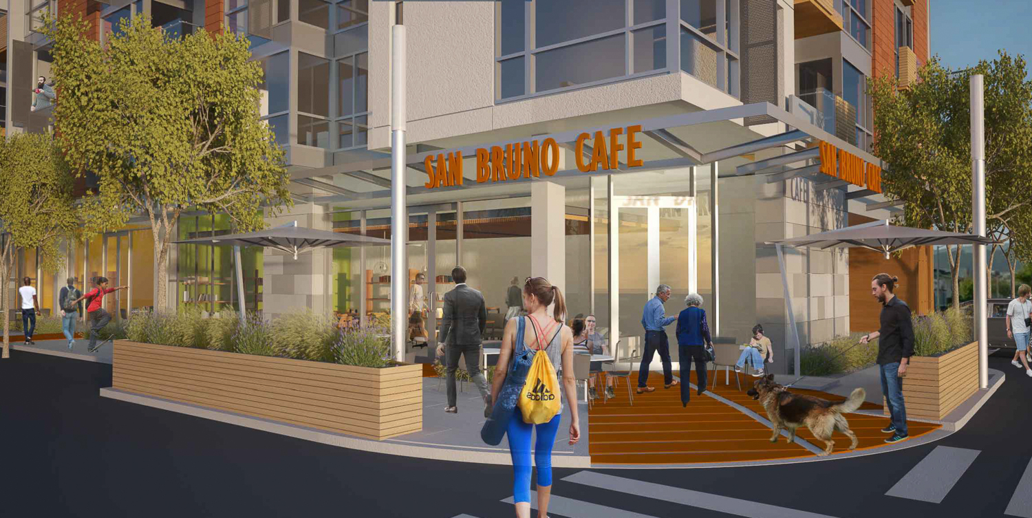 111 San Bruno Avenue West cafe entrance, rendering by Dinar & Associates