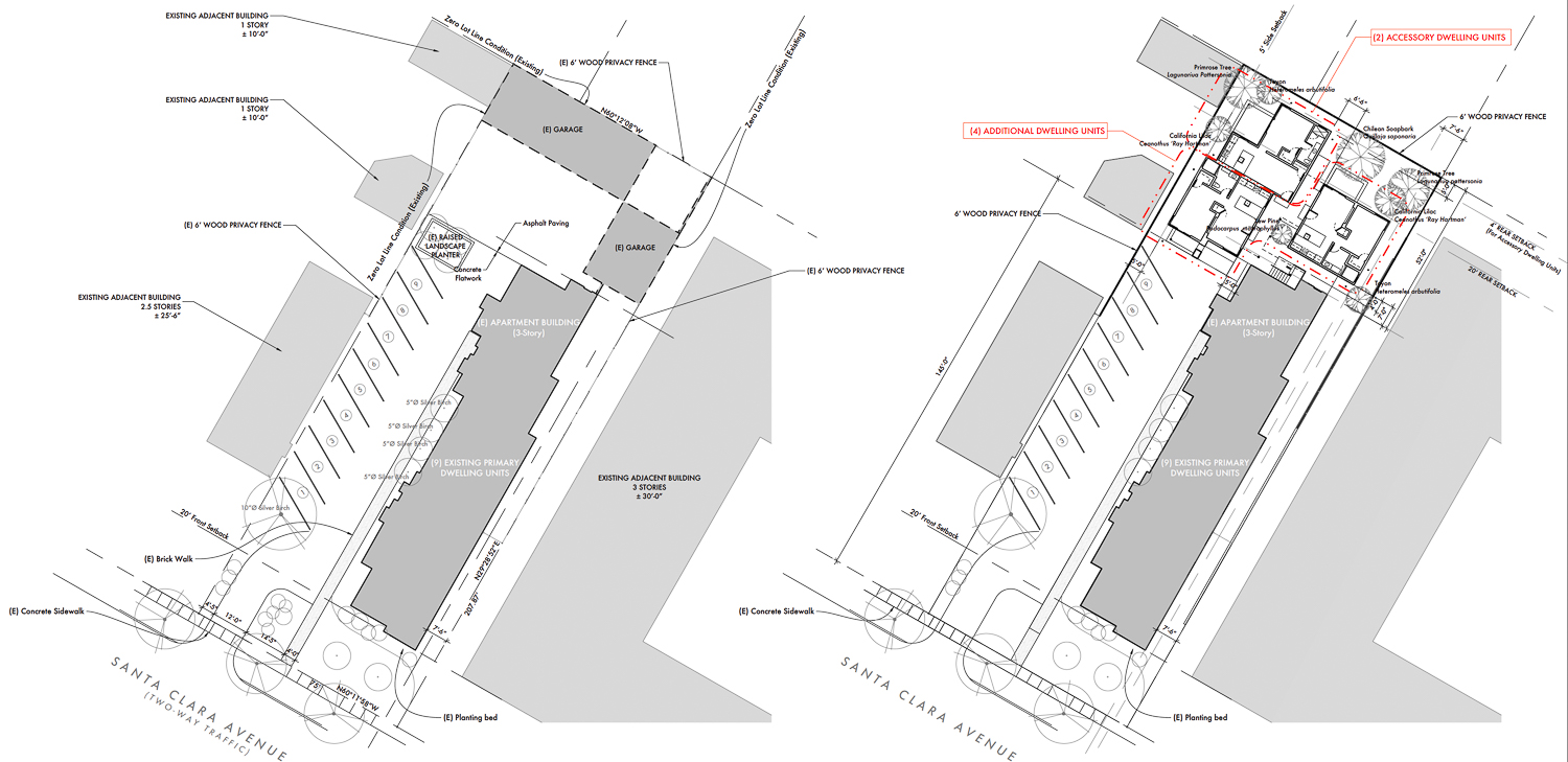 2125 Santa Clara Avenue site map existing (left) and proposed (right), illustration by Darren Kelly