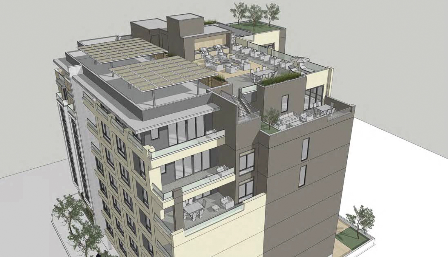 3601 Lawton Street view of the various rooftop decks, rendering by Kip Coleman Architecture