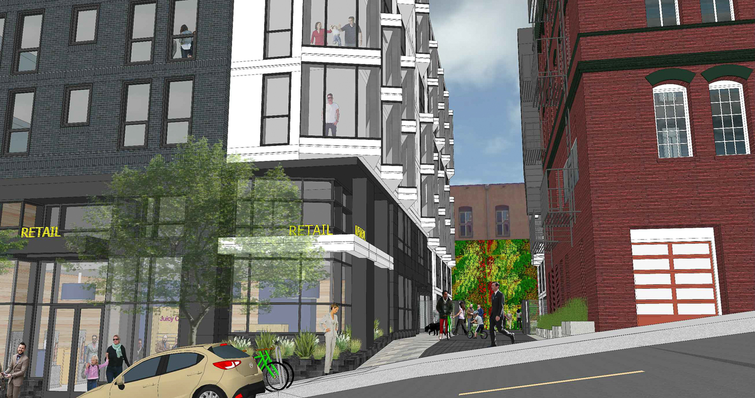 425 Broadway and the planned extension of Verdi Alley, rendering by Ian Birchall and Associates