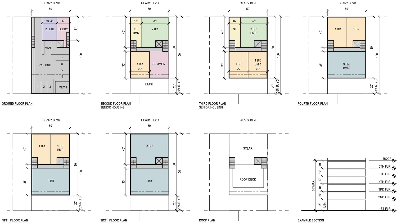 6027-6029 Geary Boulevard density bonus plans, illustration by Rae & Heath Architects