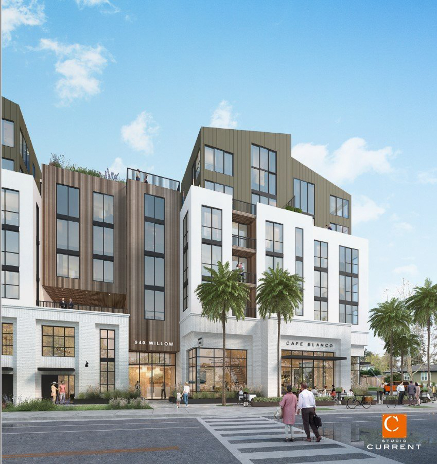 940 Willow Street cross-walk view facing the retail space, rendering by Studio Current